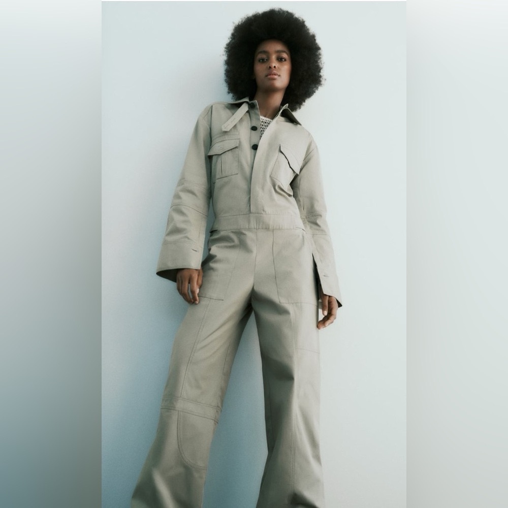 ZARA NWT Full Length COTTON Cargo Green Garbadine Jumpsuit Overall XS/S Runs Big